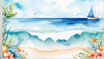 white theme watercolor sea summer background from Generative AI