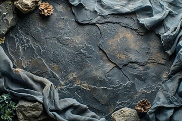 Poster - An abstract composition with a slate background, complemented by textured fabric and stone elements