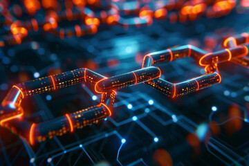 Poster - Abstract 3d illustration of interconnected glowing blockchain links signifying secure data transfer on a digital network. Suggesting concepts of cryptocurrency. Decentralized systems