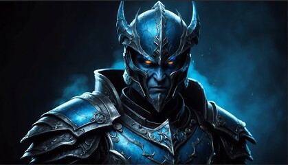 Wall Mural - portrait of blue theme evil dark warrior with glowing eyes and armor on fantasy dark background from Generative AI