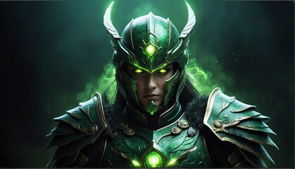 Wall Mural - portrait of green theme angel warrior with glowing eyes and armor on fantasy dark background from Generative AI