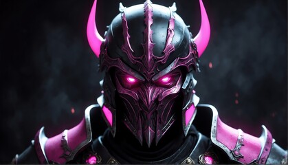 Wall Mural - portrait of pink theme evil dark warrior with glowing eyes and armor on fantasy dark background from Generative AI