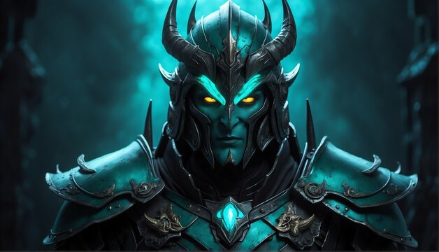 portrait of teal theme evil dark warrior with glowing eyes and armor on fantasy dark background from Generative AI
