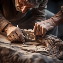 Wall Mural - Close-up of a sculptor carving a piece of stone. 