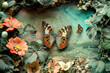Beautiful butterfly rests among the foliage of a garden, diorama