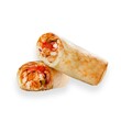 Dough roll with chicken, cheese and tomato on a white background, isolation