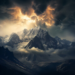 Poster - Dramatic clouds over a mountain range. 