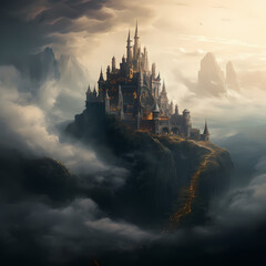 Sticker - Fantasy castle on a hill surrounded by mist.