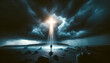 A dramatic of a person standing before a large glowing cross in a dark, stormy landscape