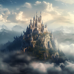 Wall Mural - Fantasy castle on a hill surrounded by mist.