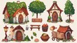 Dwarf or hobbit fantasy house isolated objects with a lantern, watermelon trolley, apples wooden box, bench, and potted plant in a hillock.
