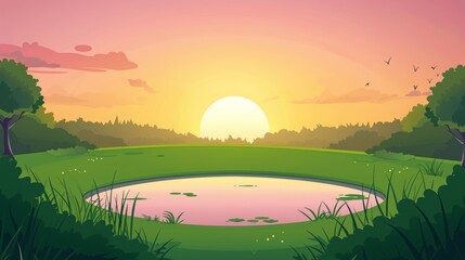 Wall Mural - Modern illustration of a nature sunset landscape featuring ponds at green fields with bushes at sunrise or early evening. Background of a lake with pink skies, a background of nature, and a natural