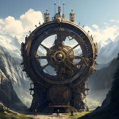 Poster - Giant clockwork mechanism in a mountain range.