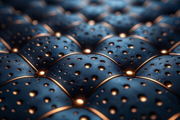 Poster - The image depicts a pattern of blue metallic orbs connected by glowing gold seams, creating a futuristic 3D texture