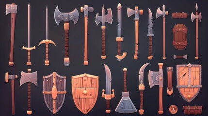 Wall Mural - Animated set of medieval war weapons with an iron and wood axe, a hammer, a mace, a shield and a shield shield isolated on black. Medieval military tools. Collection of UI elements for war games.
