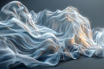 Poster - A realistic 3D render of undulating silver fabric with a sense of movement and soft texture on a neutral gray background