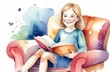 storytelling, children education. caucasian girl reading book in armchair, watercolor illustration