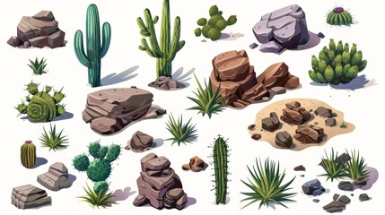 Wall Mural - Detailed set of desert mountain rocks and cacti, tumbleweed, stones, green prickly plants for game development, Cartoon modern illustration, icons.