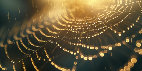 Spider web in close up with dew droplets and golden morning light. 