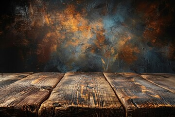 Poster - A rustic and weathered wooden table set against a highly textured, abstract, and visually intriguing backdrop