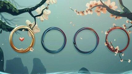 Poster - Game avatar frames in round shapes, elegant fantasy circles with decorative rims, a tree branch with flowers, heart and twisted decorations. Cartoon circular border elements for graphic design.