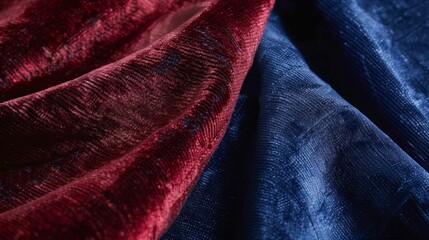 Plush velvet in shades of deep red and royal blue create a luxurious texture