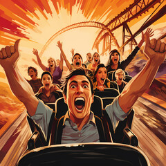 Canvas Print - Roller coaster with riders screaming in excitement