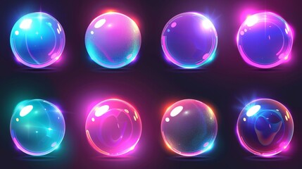 Poster - Set of neon soap bubbles, rainbow colored iridescent glass balls or spheres isolated on transparent background. 3D realistic illustration of bright soapy circles and water foam.