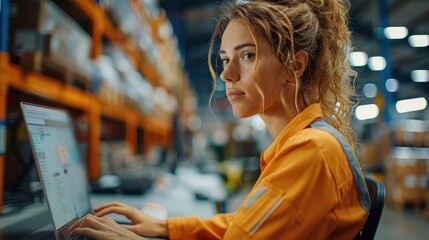 Aufkleber - Professional uniformed female service technician sitting at a desk closely looking at her laptop computer screen in a large well lit warehouse. Generative AI.