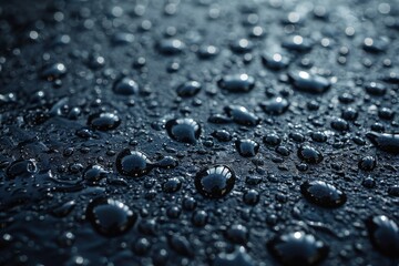 Poster - This image shows a close-up view of small water droplets scattered across a dark, textured surface, creating a soothing and intricate pattern