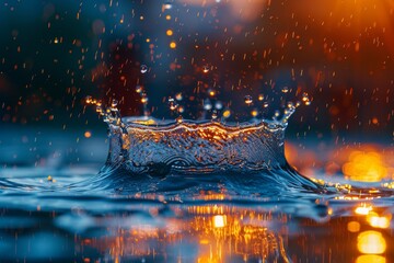 Poster - A crown-like water splash caught at the perfect moment, the golden light from the sunset makes the droplets shimmer like precious jewels