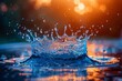 © Larisa AI - An awe-inspiring water splash captured in mid-air, backlit by a warm golden sunset that enhances its dynamic motion and vivid textures