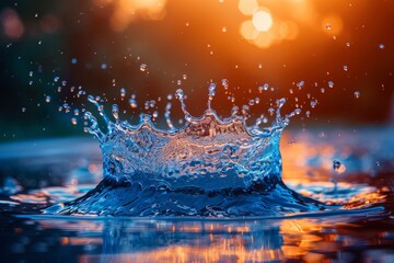 Poster - An awe-inspiring water splash captured in mid-air, backlit by a warm golden sunset that enhances its dynamic motion and vivid textures