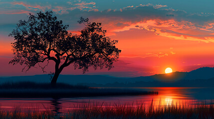 Wall Mural - beautiful sunset in the field and lonely tree