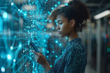 Poster - A thoughtful woman is engaging with a futuristic digital interface while using her phone in an urban setting