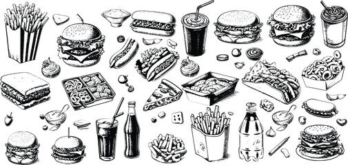 Sketch fast food meals isolated vector icons ice cream in waffle cone, soda drink with ice cubes and burger with french fries. Takeaway donut, pizza and hot dog with taco engraving retro signs set