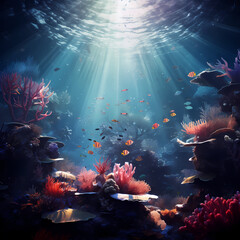 Canvas Print - Surreal underwater scene with marine life. 