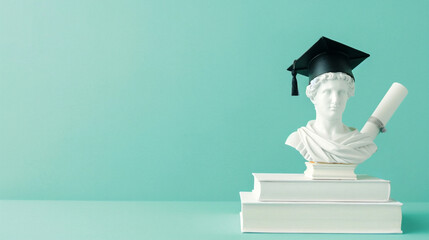 Sticker - On top of a stack of books stands a white bust of a scientist wearing a college or university graduate cap. Next to it is a certificate. Turquoise background with copy space.