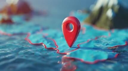 In this 3D illustration, a red location pin is positioned over a map on a blue background with a route line symbol and a trip locator pointer as a place position point element.