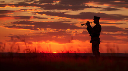 A silhouette of a soldier playing a bugle at dawn.


