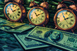 Time is money concept, an illustration of clocks and money bills 