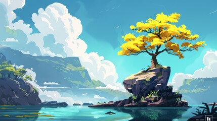 Wall Mural - This is a cartoon modern illustration of a majestic mountain range, blue lake water surface, clouds, magic plants, green islands. It is a background for an adventure game.