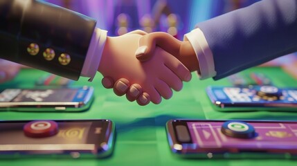 Poster - Handshake 3D render via smartphone. Businessmen shaking hands after successful negotiation, distant meeting isolated illustration.