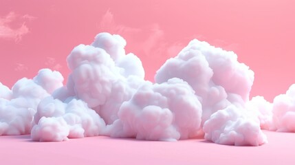 Poster - Soft white fluffy clouds isolated on pink background. Symbols of meteorology, freedom and heaven, 3D render illustration.