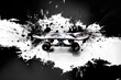 Skateboard on grunge background with black ink splatters. Graffiti concept
