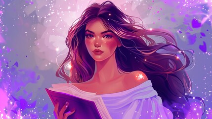 Wall Mural - An attractive girl in a purple dress holds a book. Modern illustration of a pretty fashion model with long hair. A portrait of a romantic and smart young woman.