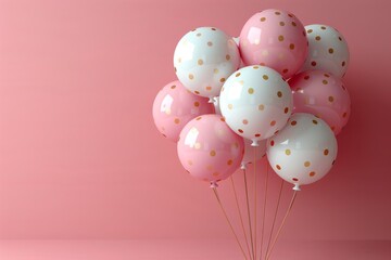 Poster - Festive arrangement of pink and white polka-dotted balloons tied up against a vibrant pink background in a celebration setting