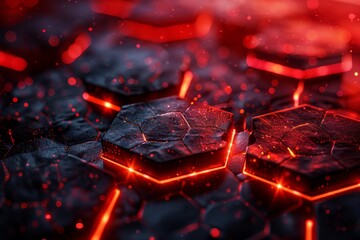 Poster - Striking deep black hexagonal pattern overlaid with vibrant red glowing accents evokes a sense of high-tech sophistication