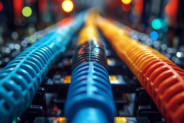 Poster - A vibrant image showcasing the detailed texture of blue and yellow network cables with defocused lights in the background