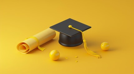 Wall Mural - A student graduates with a black mortarboard with a yellow tassel and a rolled diploma, rendered in 3D. Conceptual illustration of academic education.